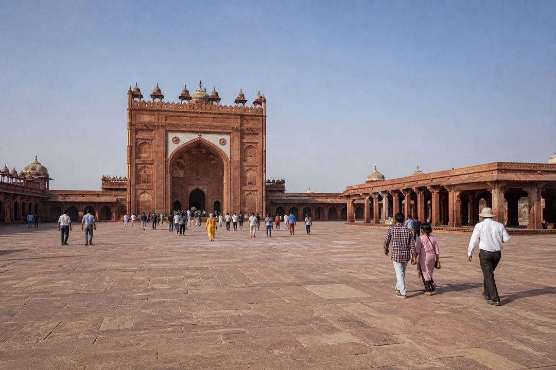 Wide view of Fatehpur Sikri’s red sandstone courtyards and gateways with scattered visitors walking in the open sun.