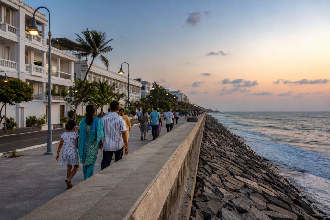 Evening view of Pondicherry’s seaside promenade with families walking along the sea wall beside the Bay of Bengal.