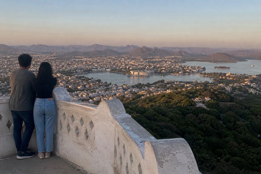 View over Udaipur’s lakes and the Aravalli hills from the terrace of Monsoon Palace at late afternoon light.