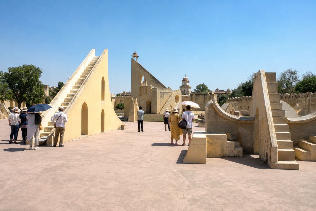 Stone astronomical instruments at Jantar Mantar in Jaipur with visitors walking among them under a bright midday sky.