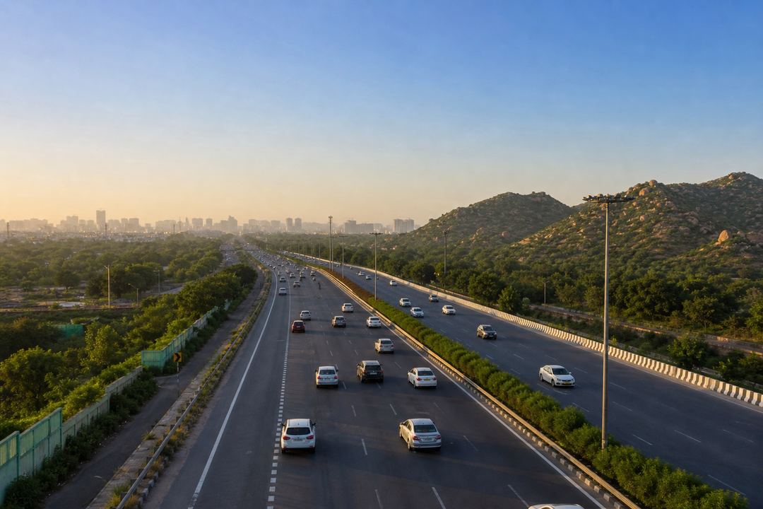Cars leaving Gurgaon on a wide highway towards green Aravalli hills under a clear evening sky.