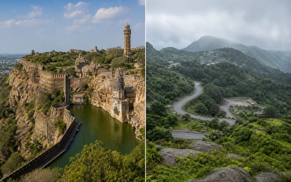 Panoramic view of Chittorgarh Fort plateau with towers and ramparts, contrasted with a misty hillside scene from Mount Abu.