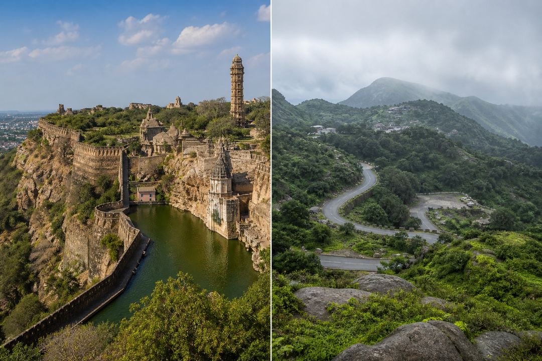 Panoramic view of Chittorgarh Fort plateau with towers and ramparts, contrasted with a misty hillside scene from Mount Abu.
