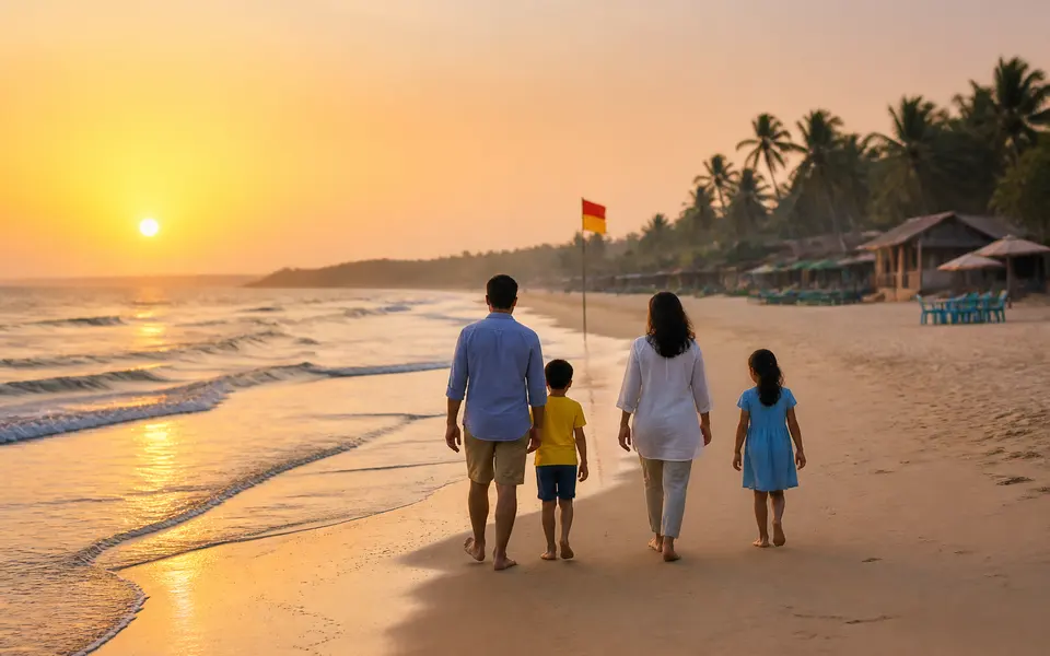 Family with children walking along a calm Goa beach at sunset, with gentle waves and a lifeguard flag visible.