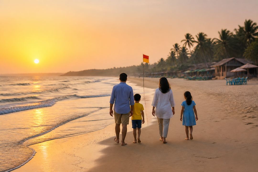 Family with children walking along a calm Goa beach at sunset, with gentle waves and a lifeguard flag visible.