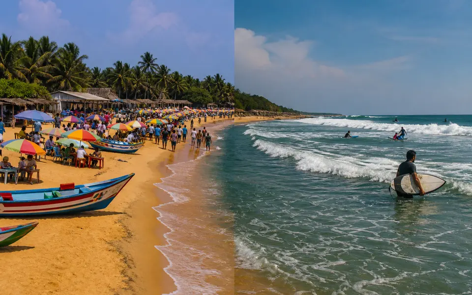 Split view of a busy family-friendly beach near Pondicherry with boats and huts, and a quieter surf-friendly stretch with waves and a few surfers