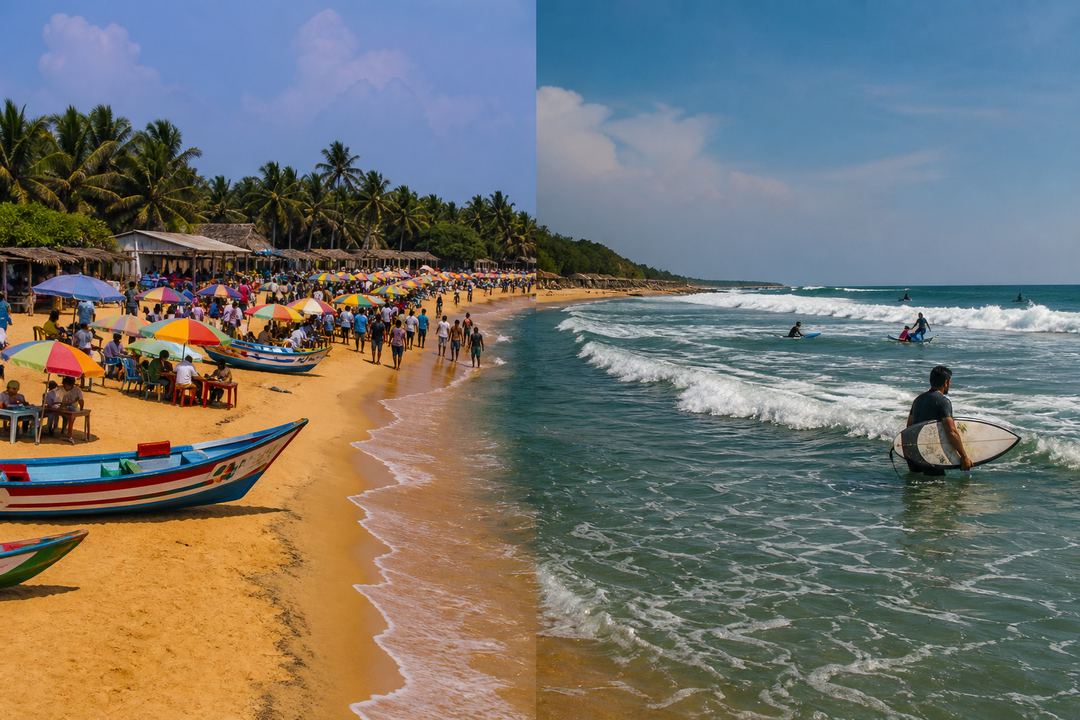 Split view of a busy family-friendly beach near Pondicherry with boats and huts, and a quieter surf-friendly stretch with waves and a few surfers