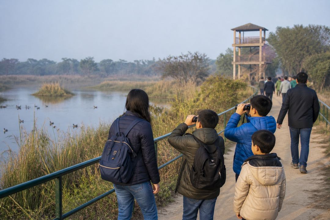 Family using binoculars beside the lake at Nawabganj Bird Sanctuary near Lucknow.