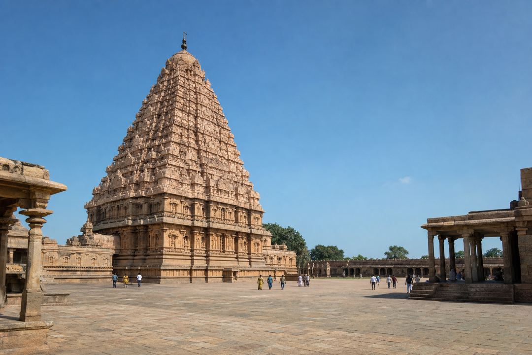 Wide-angle view of the towering vimana of Gangaikonda Cholapuram temple with a spacious stone courtyard in front.