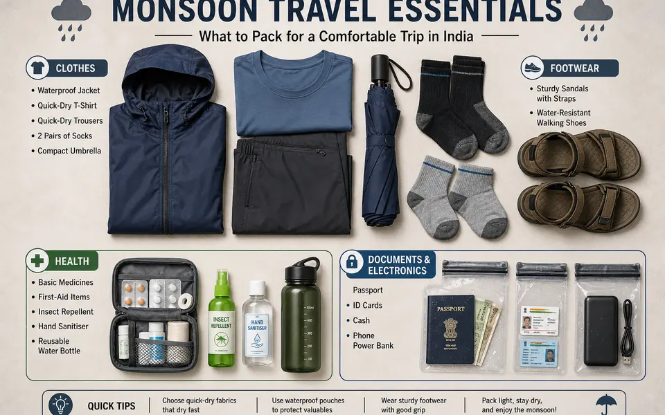 Flat lay of monsoon travel essentials including a rain jacket, quick-dry clothes, sturdy sandals, medicines and waterproof pouches for documents and electronics.
