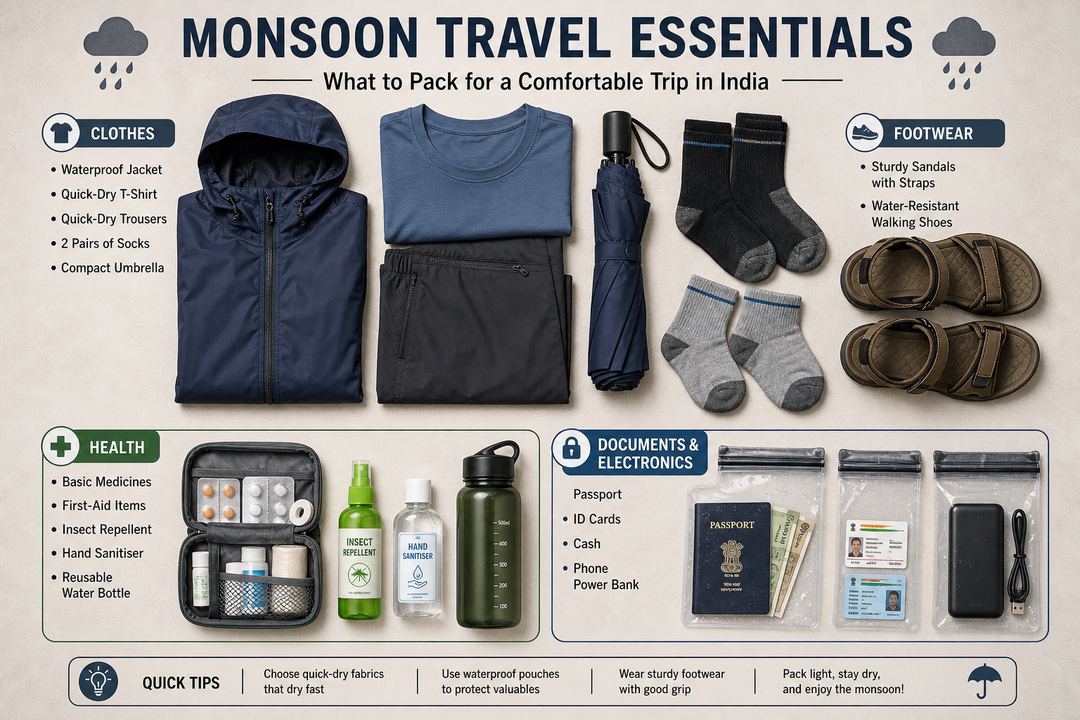 Flat lay of monsoon travel essentials including a rain jacket, quick-dry clothes, sturdy sandals, medicines and waterproof pouches for documents and electronics.