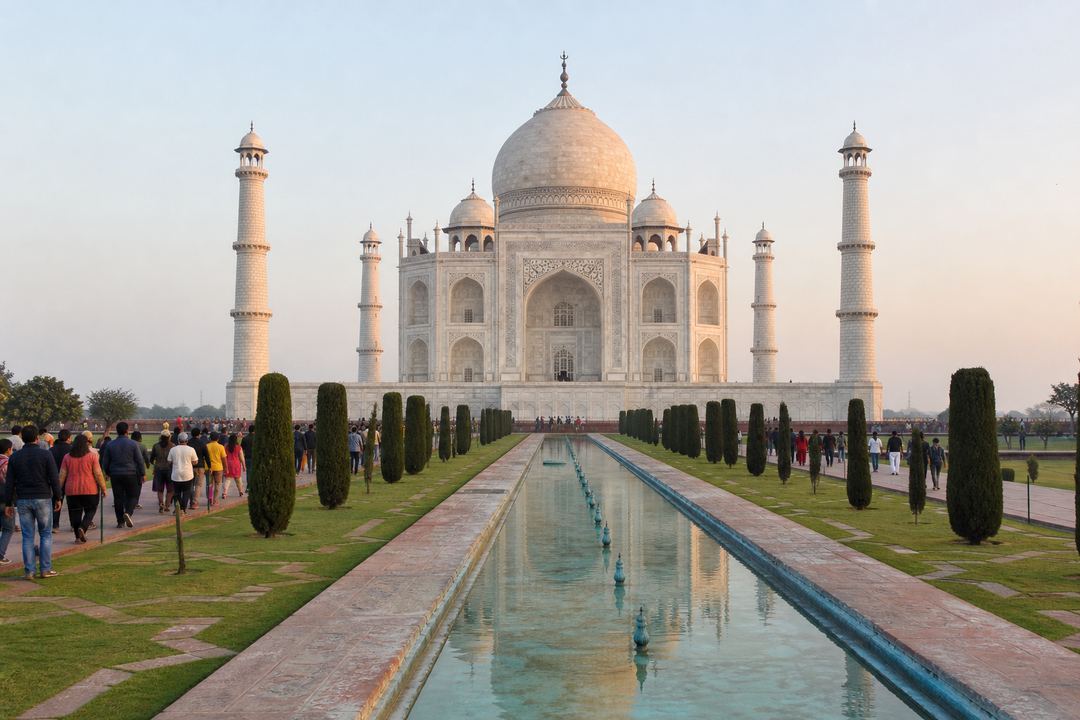 Taj Mahal in soft early-morning light with visitors walking along the main reflecting pool and moderate crowds.