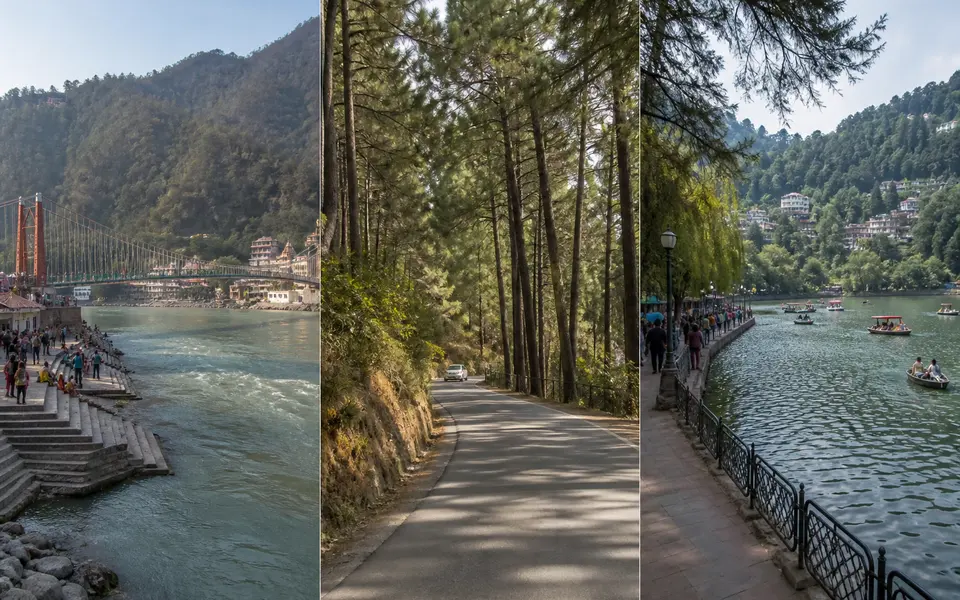 View of the Ganga river and suspension bridge at Rishikesh, a pine-lined road near Lansdowne, and a lakeside promenade in Nainital with hills in the background.