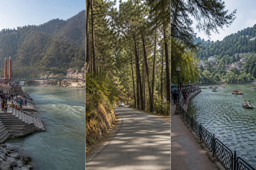 View of the Ganga river and suspension bridge at Rishikesh, a pine-lined road near Lansdowne, and a lakeside promenade in Nainital with hills in the background.