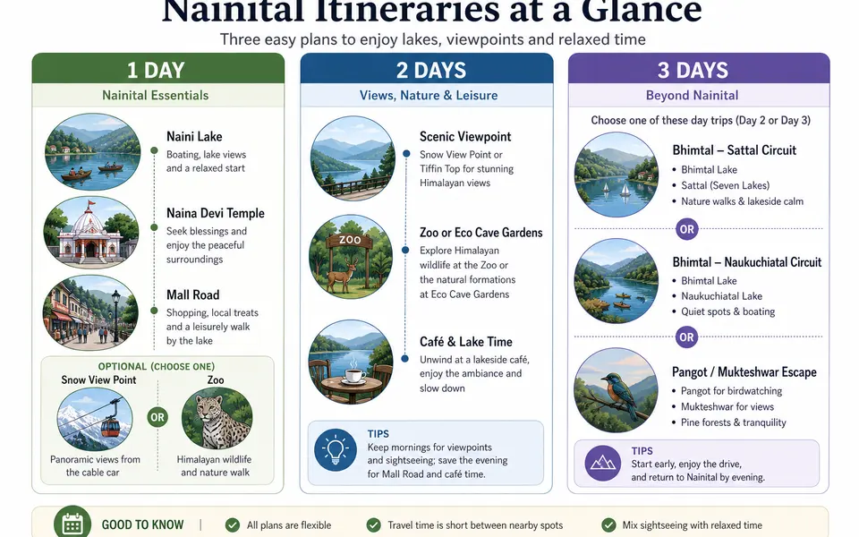 Infographic showing sample 1-day, 2-day and 3-day Nainital itineraries with clustered activities for each day.