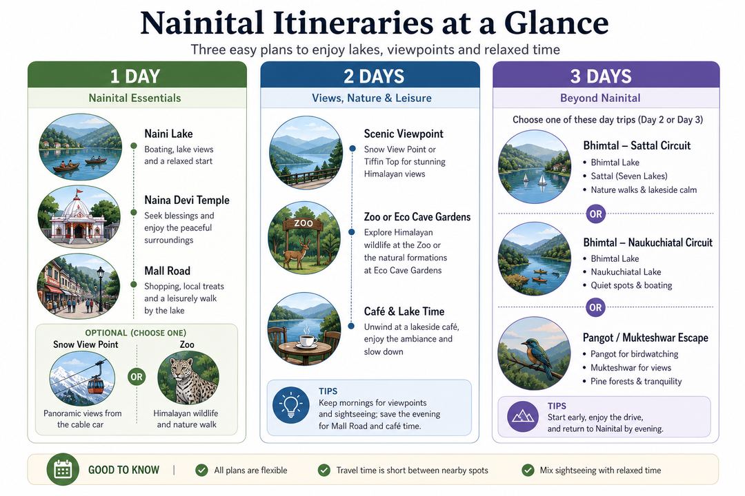 Infographic showing sample 1-day, 2-day and 3-day Nainital itineraries with clustered activities for each day.