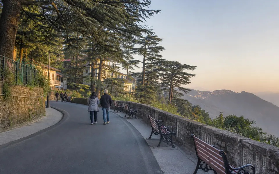A gently curving hill road in Mussoorie with people walking, benches along the edge and pine trees on one side.