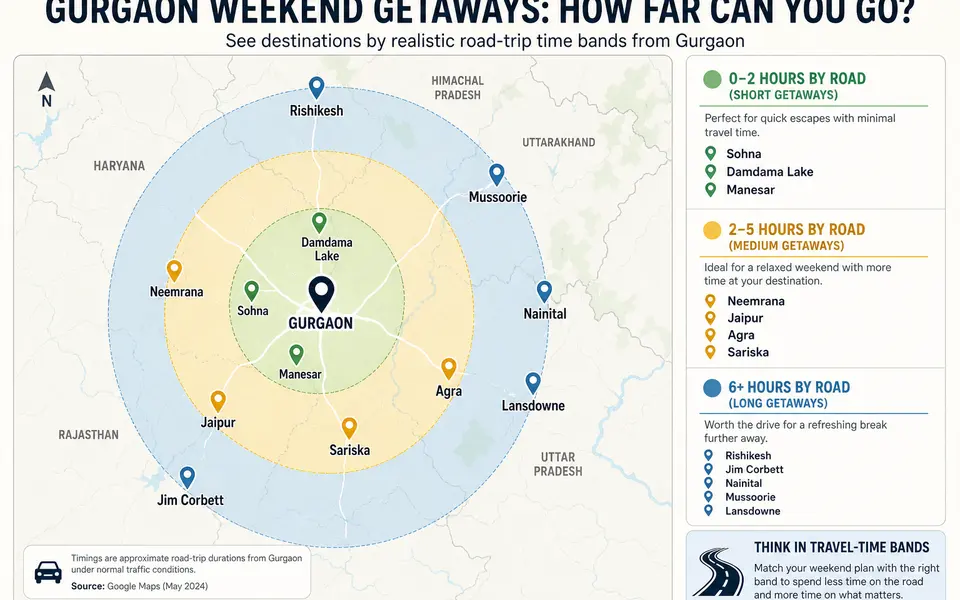 Infographic map of Gurgaon with three coloured rings showing 0–2 hour, 2–5 hour and 6+ hour road-trip bands and example destinations labelled in each.