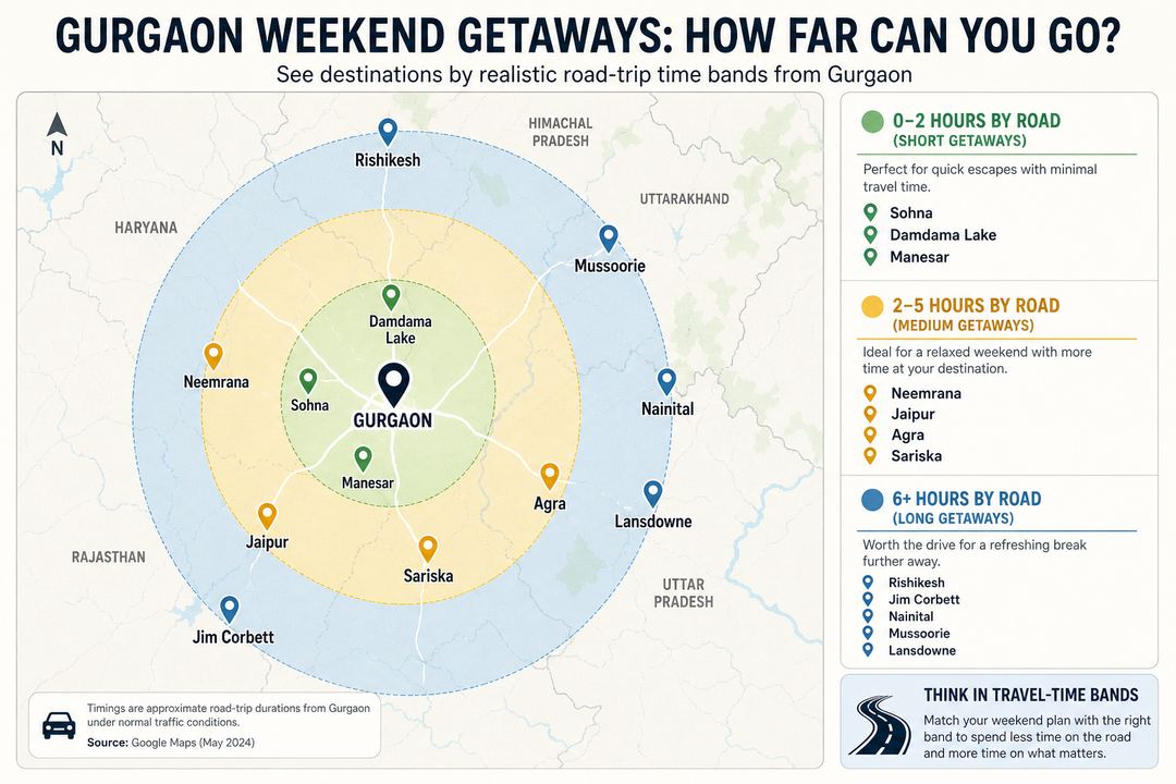 Infographic map of Gurgaon with three coloured rings showing 0–2 hour, 2–5 hour and 6+ hour road-trip bands and example destinations labelled in each.