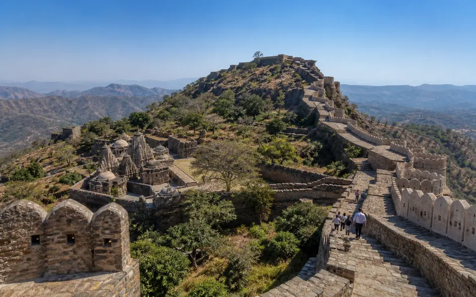 Wide-angle view of Kumbhalgarh Fort walls stretching across a ridge and interior temples in bright daylight.