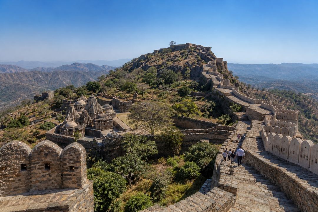 Wide-angle view of Kumbhalgarh Fort walls stretching across a ridge and interior temples in bright daylight.