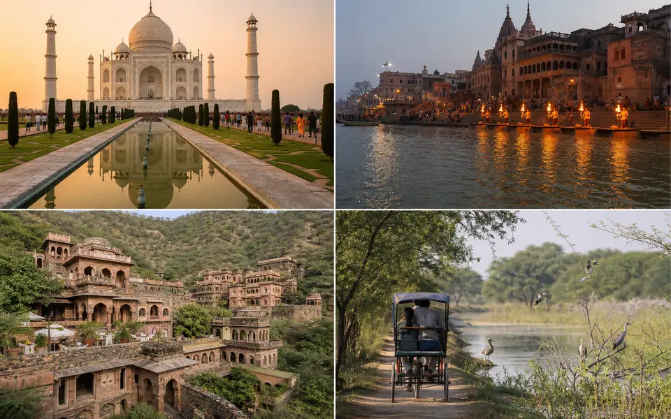 Collage-style view showing the Taj Mahal in Agra, a riverside ghat scene from Mathura–Vrindavan, the Neemrana fort-palace, and a cycle rickshaw inside Bharatpur’s Keoladeo National Park.