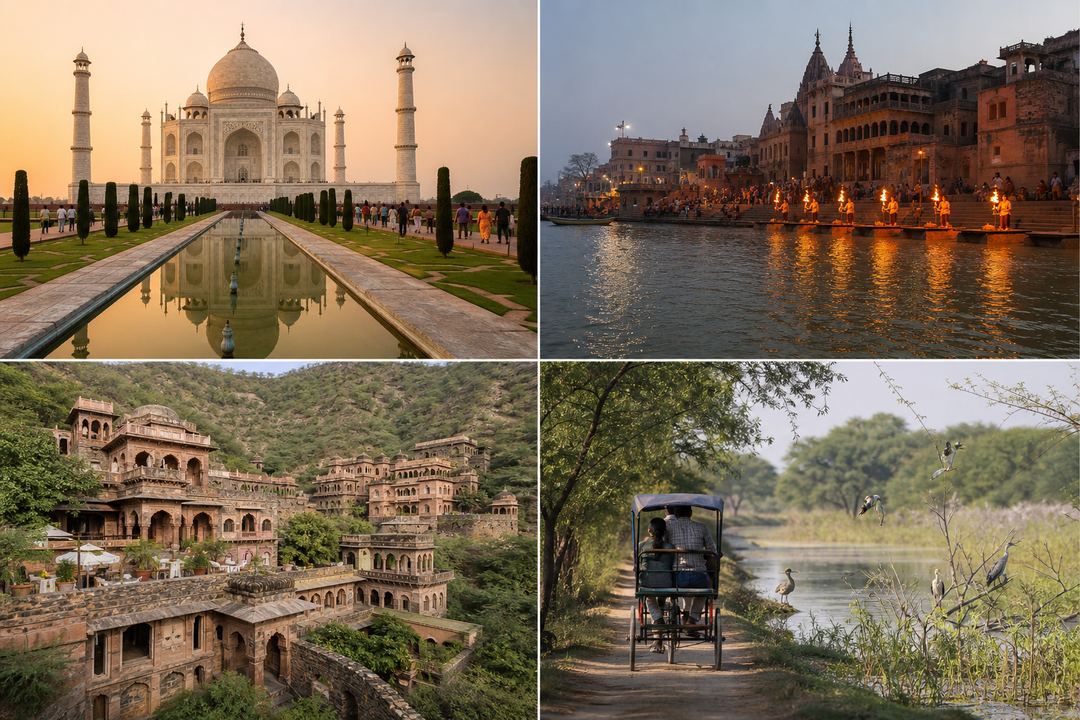 Collage-style view showing the Taj Mahal in Agra, a riverside ghat scene from Mathura–Vrindavan, the Neemrana fort-palace, and a cycle rickshaw inside Bharatpur’s Keoladeo National Park.