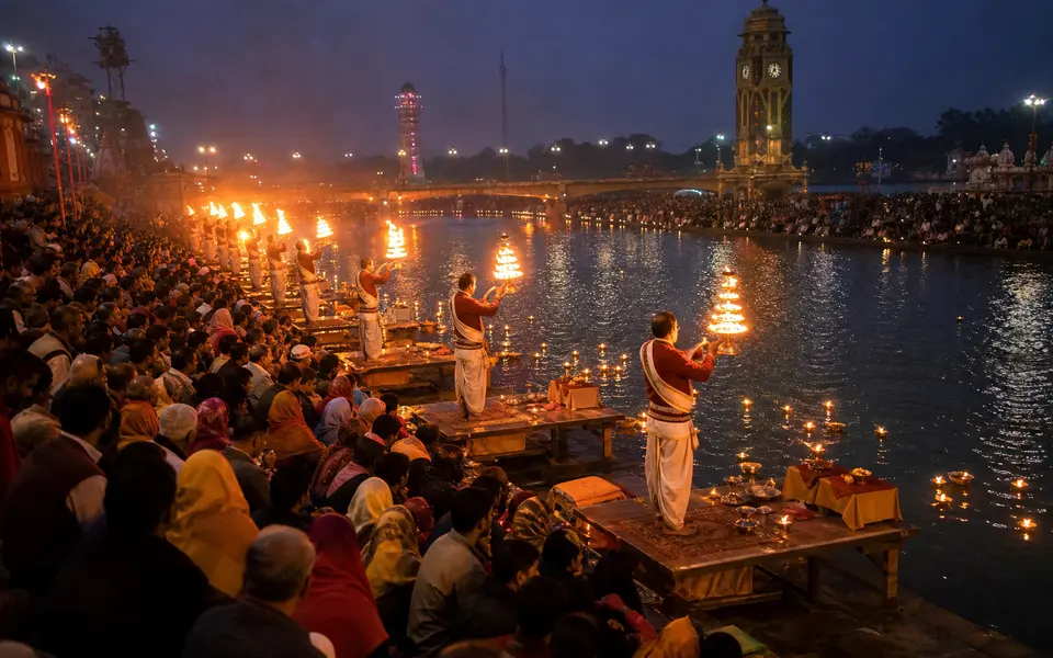 Crowd gathered at Har Ki Pauri in Haridwar during evening Ganga Aarti with priests holding large lamps and diyas floating on the river.