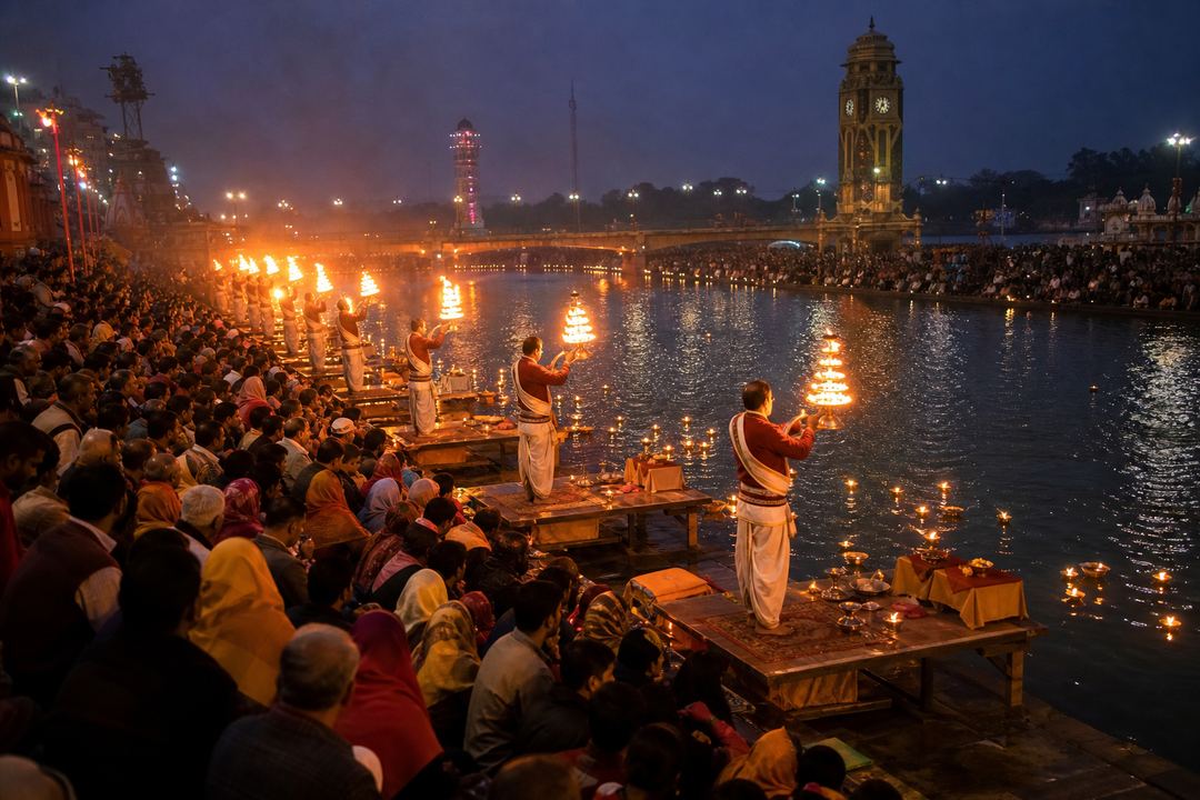 Crowd gathered at Har Ki Pauri in Haridwar during evening Ganga Aarti with priests holding large lamps and diyas floating on the river.