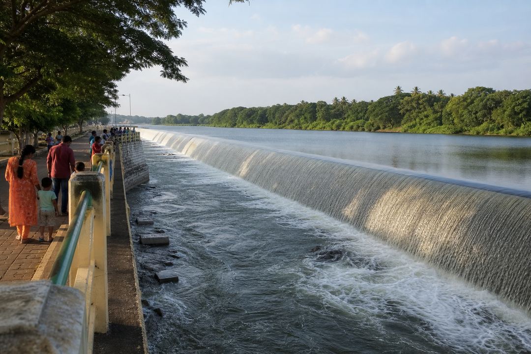 Families walking along a safe viewing area near Kallanai (Grand Anicut) dam on the Cauvery river, with water flowing over the stone structure.