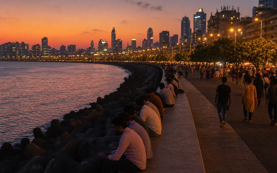 Marine Drive promenade in Mumbai at sunset with people sitting along the seawall and city lights starting to glow.