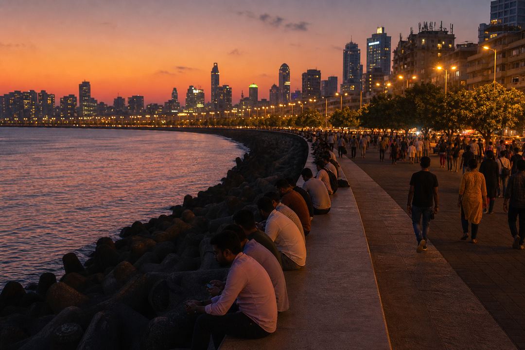 Marine Drive promenade in Mumbai at sunset with people sitting along the seawall and city lights starting to glow.