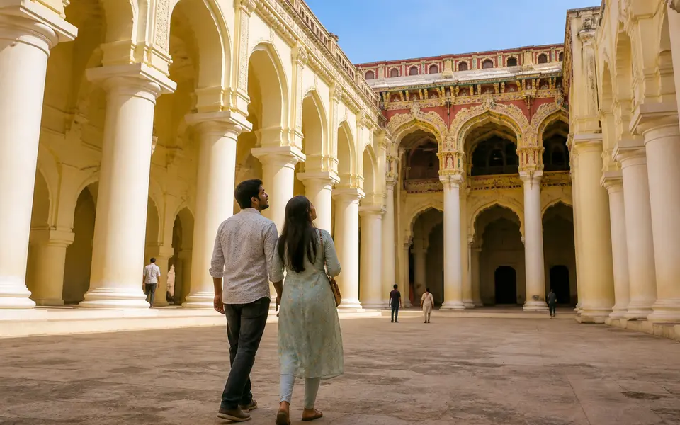 Couple walking through the courtyard of Thirumalai Nayakkar Mahal in Madurai, surrounded by tall arches and pillars.