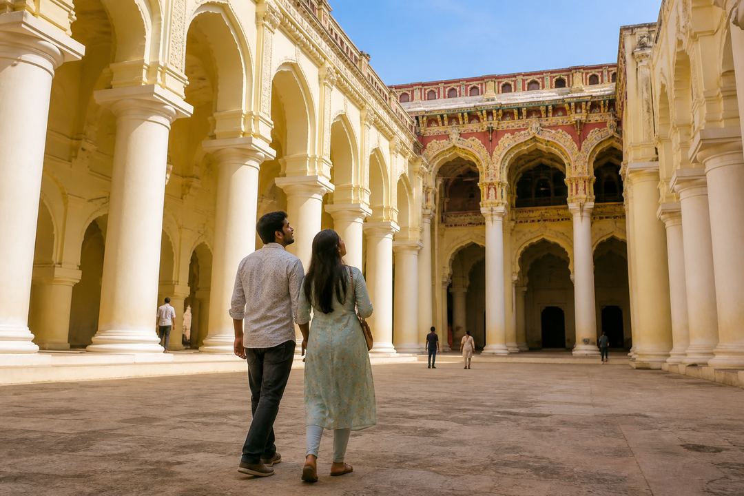 Couple walking through the courtyard of Thirumalai Nayakkar Mahal in Madurai, surrounded by tall arches and pillars.