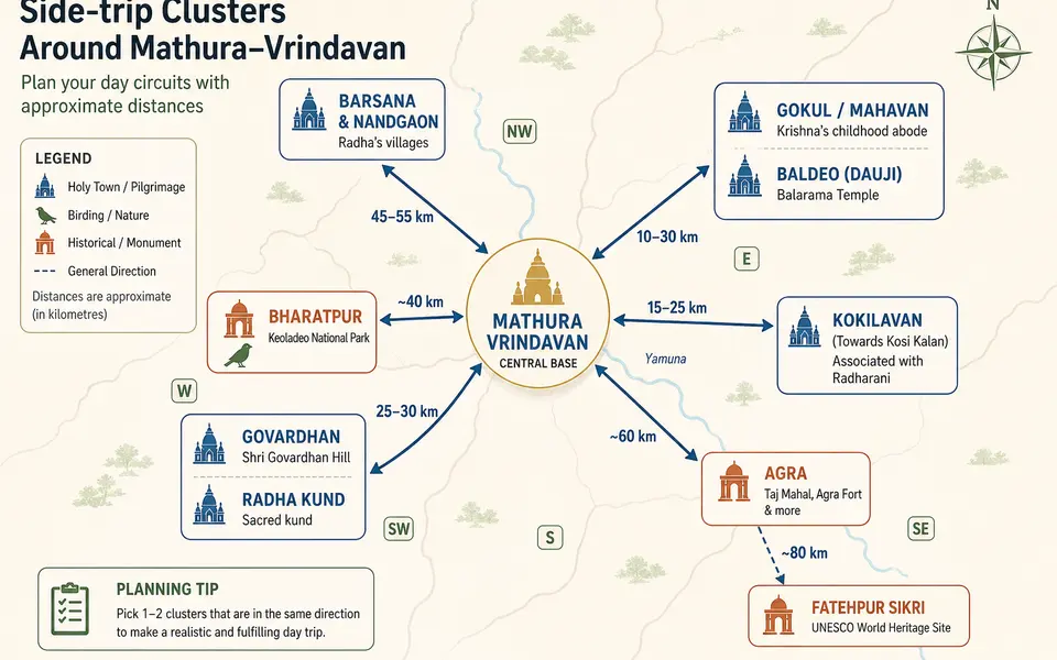 Simple schematic map showing Mathura–Vrindavan at the centre with arrows and rough distances to nearby Braj towns, Bharatpur, Agra and Fatehpur Sikri.