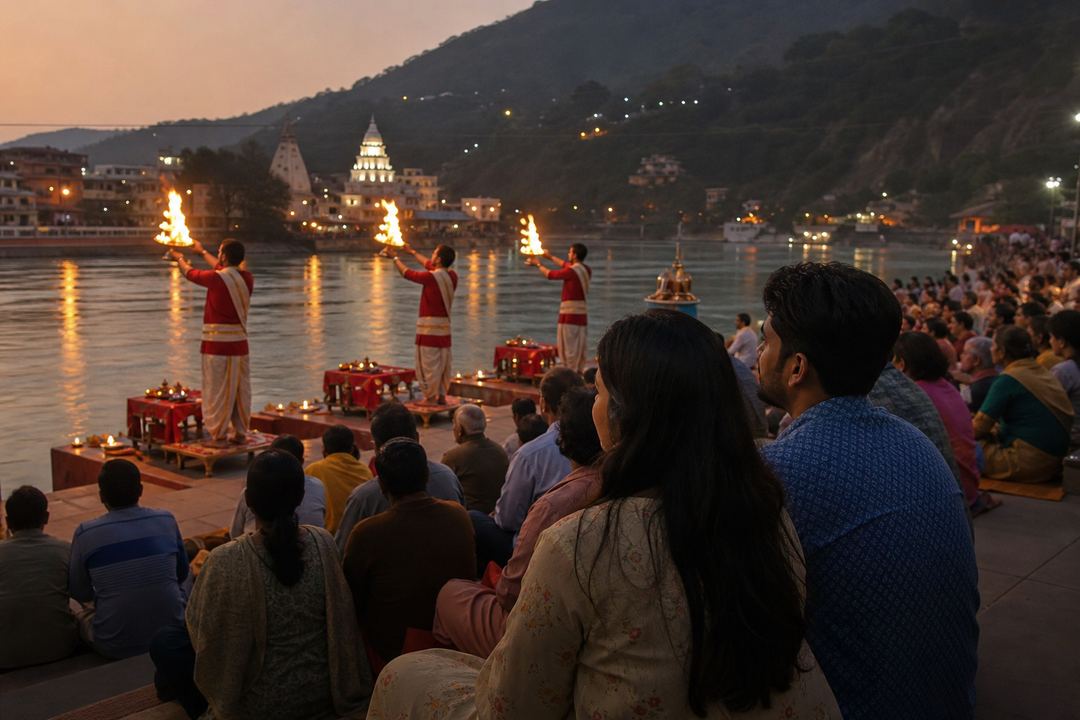 Evening Ganga Aarti at a ghat in Rishikesh with priests holding lamps, devotees seated on the steps and a couple watching quietly near the river.