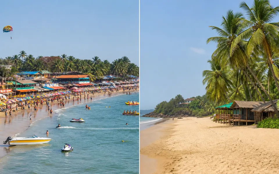 Contrasting scenes of a busy North Goa beach with shacks and water sports, and a quieter South Goa beach with fewer people and palm trees.