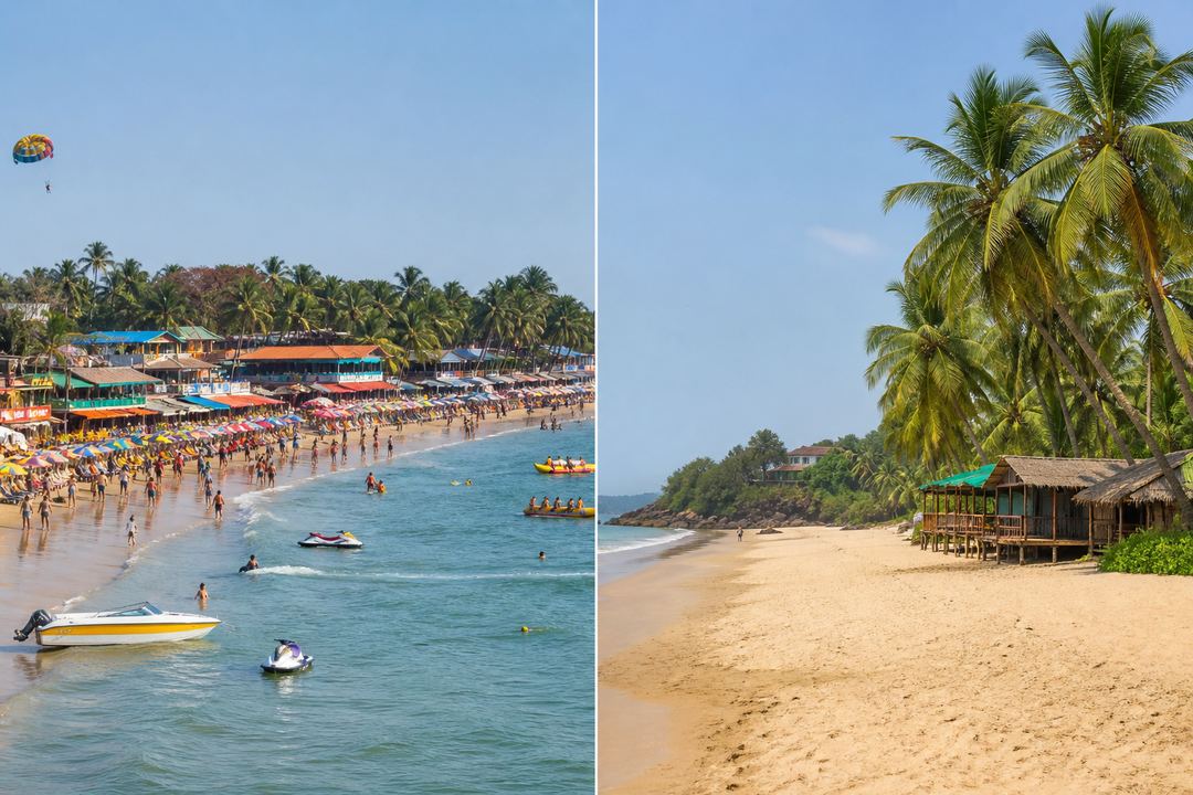 Contrasting scenes of a busy North Goa beach with shacks and water sports, and a quieter South Goa beach with fewer people and palm trees.
