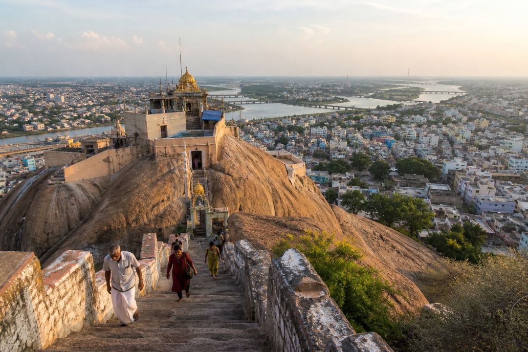 Rock Fort temple complex rising above Tiruchirappalli with long stone steps and the city spreading out below.