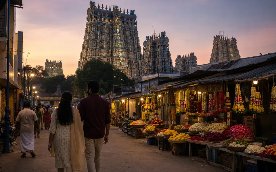 Evening view of Meenakshi Amman Temple gopurams in Madurai, with a couple walking along a nearby street under warm lights.