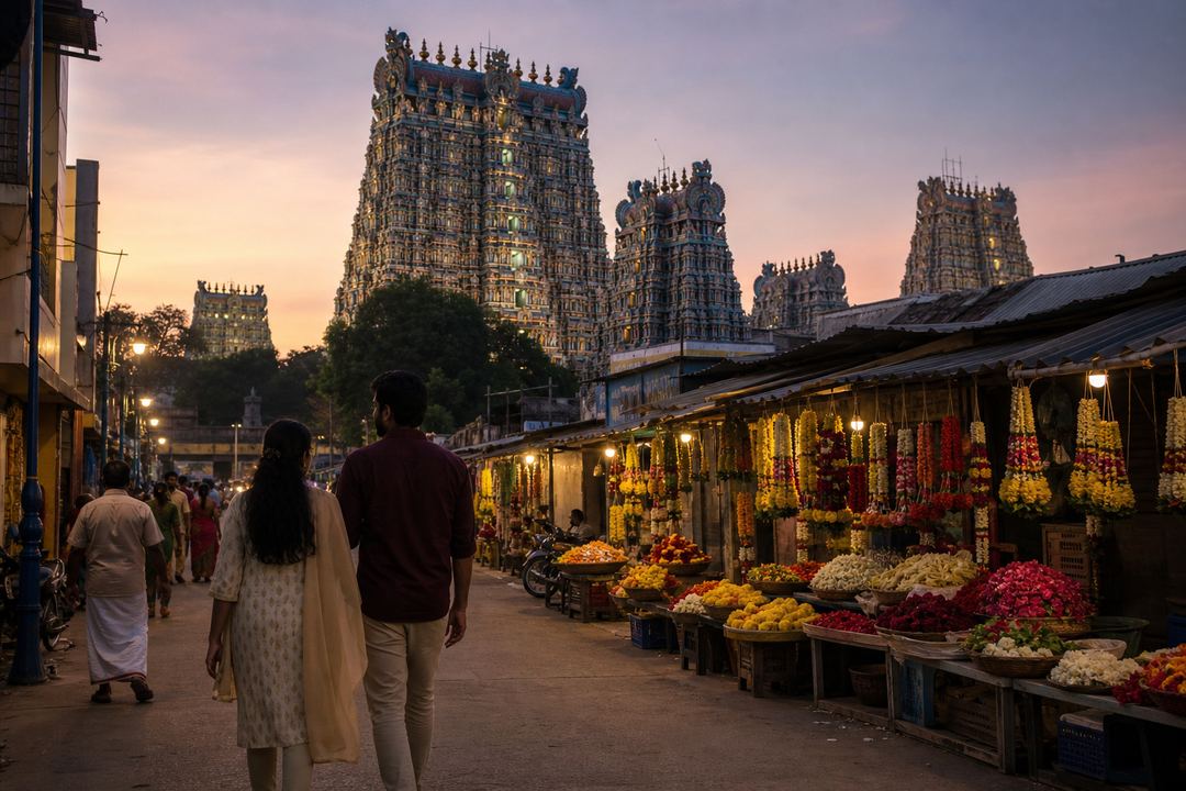 Evening view of Meenakshi Amman Temple gopurams in Madurai, with a couple walking along a nearby street under warm lights.