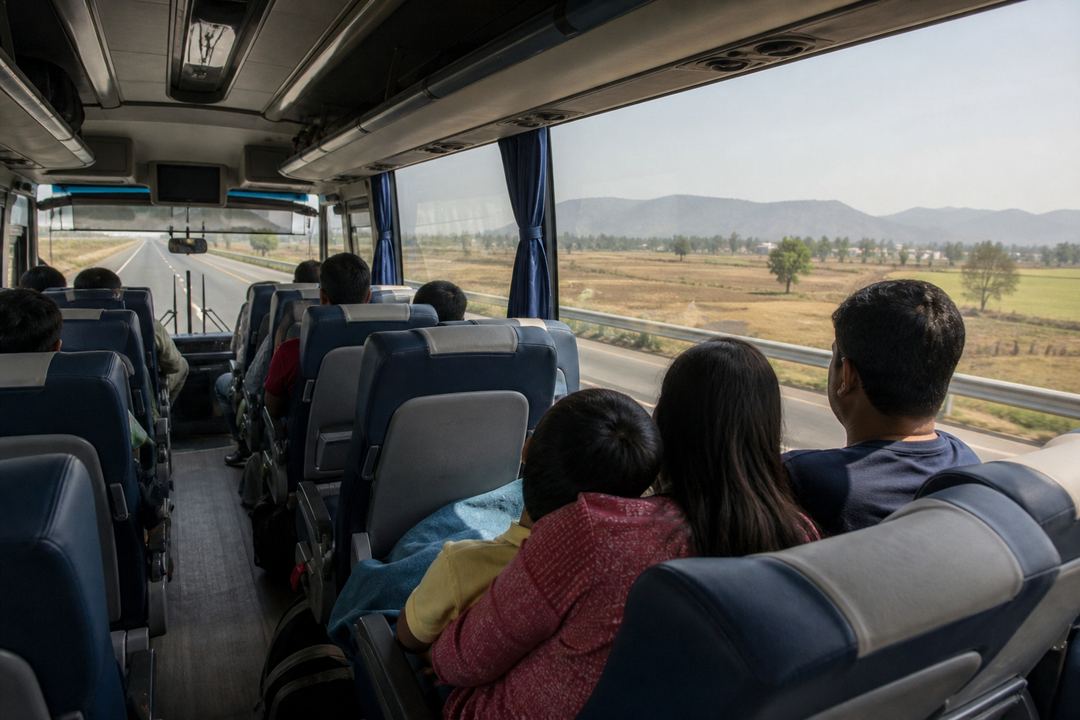 Interior of a modern air-conditioned intercity coach with an Indian family seated comfortably as the bus travels on a highway towards distant hills.