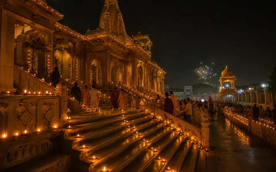 Evening view of a temple in Vrindavan or Mathura with glowing diyas and soft festive lighting during Kartik or Diwali.