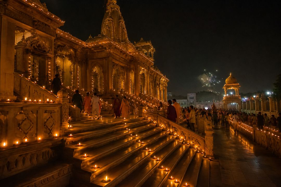 Evening view of a temple in Vrindavan or Mathura with glowing diyas and soft festive lighting during Kartik or Diwali.