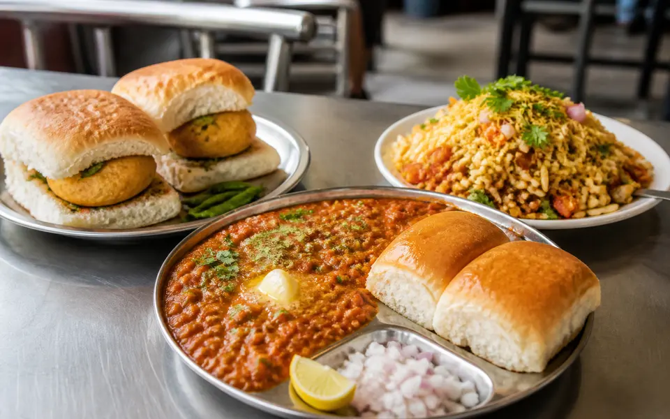 Plates of vada pav, pav bhaji and bhel puri on a clean table in a Mumbai-style eatery.