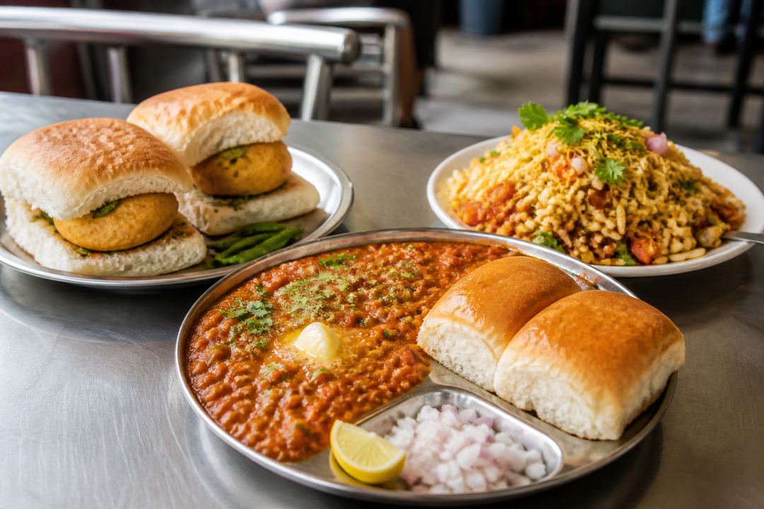 Plates of vada pav, pav bhaji and bhel puri on a clean table in a Mumbai-style eatery.