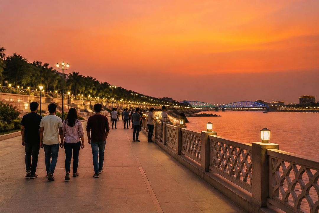 Friends walking along the Gomti Riverfront promenade at sunset with the river and lights in the background.