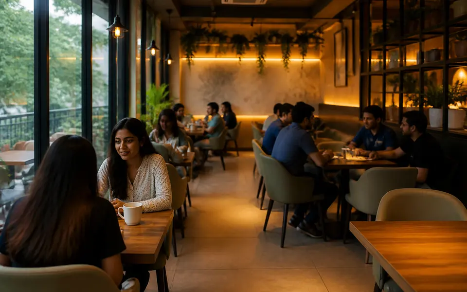 Modern cafe in Gomti Nagar with young adults chatting at tables and warm interior lighting.