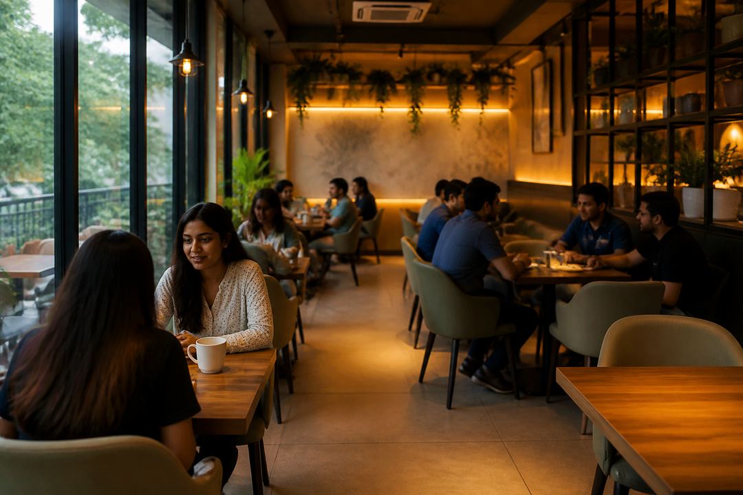 Modern cafe in Gomti Nagar with young adults chatting at tables and warm interior lighting.