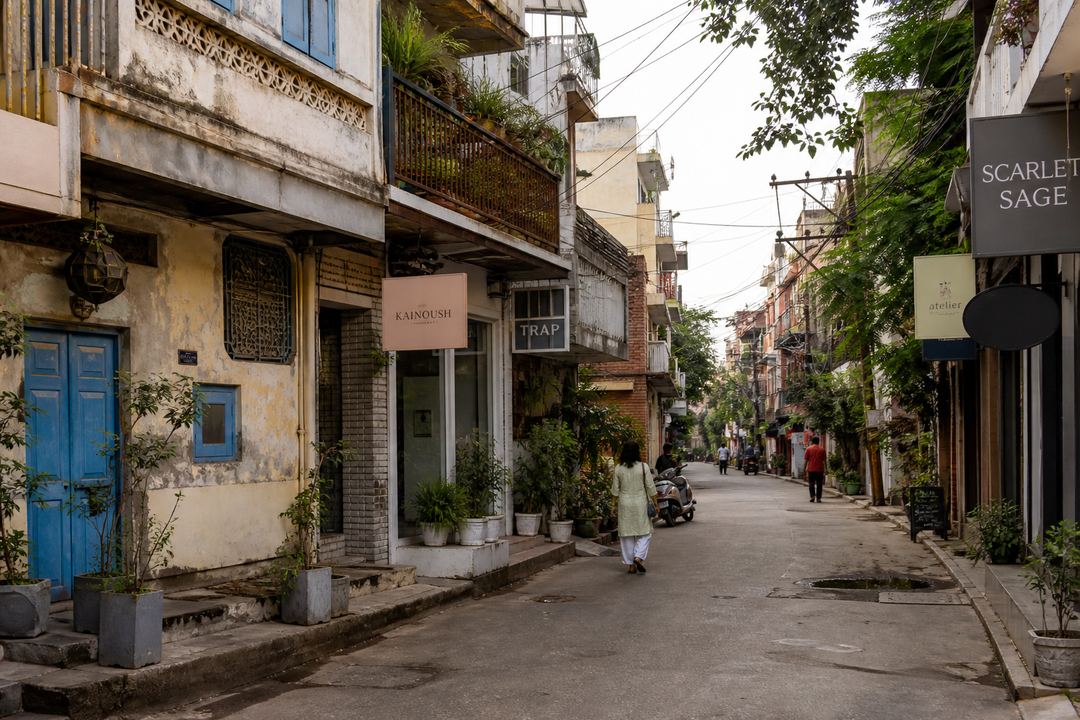 Narrow lane in Shahpur Jat village in Delhi with old houses, colourful boutique signboards and a few pedestrians on a calm weekday morning.